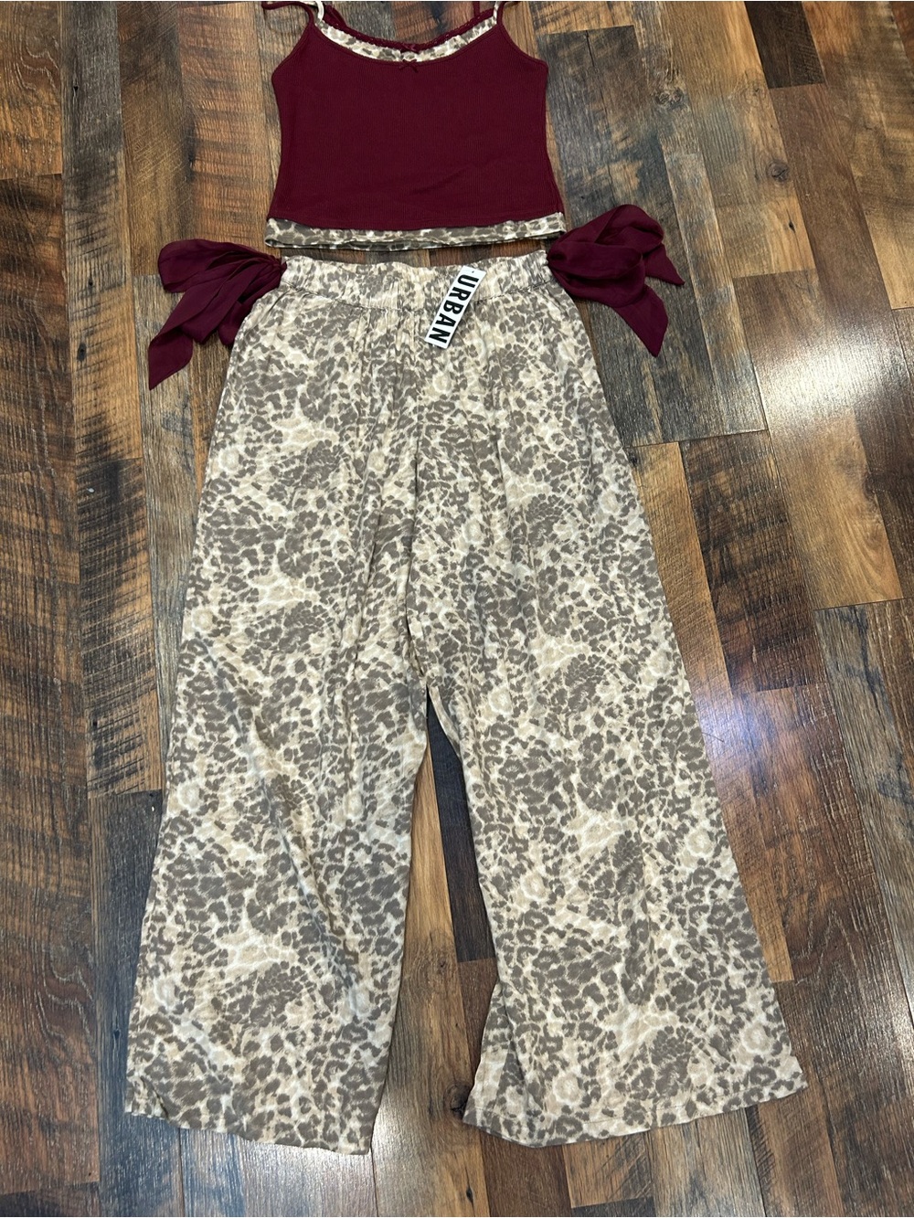 Urban Outfitters Cheetah Print Wide-Leg Pants in Taupe & Burgundy